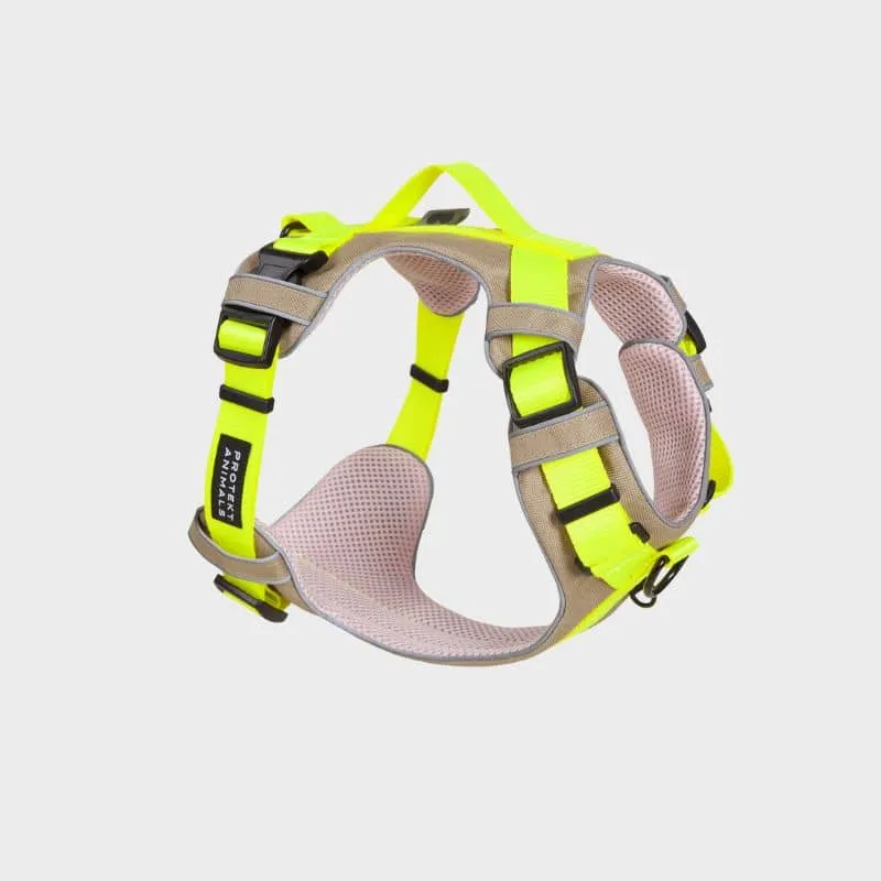 HARNAIS HAUTE VISIBILITÉ AVEC POIGNÉE POUR CHIEN - NÉON JAUNE & BEIGE