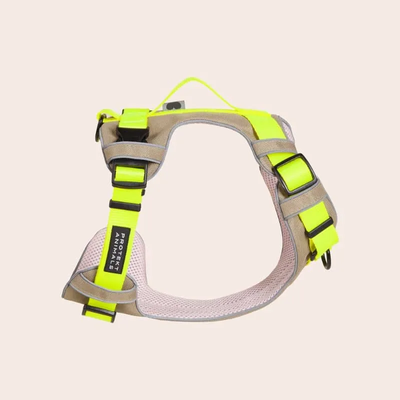 HARNAIS HAUTE VISIBILITÉ AVEC POIGNÉE POUR CHIEN - NÉON JAUNE & BEIGE