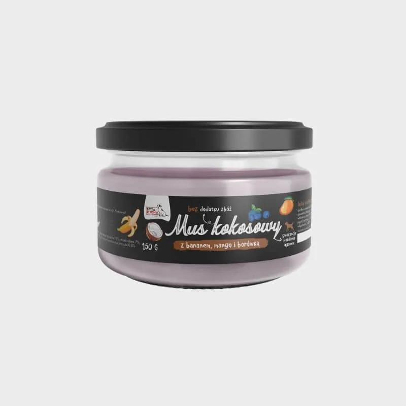 MOUSSE DE NOIX DE COCO AVEC BANANE, MANGUE ET MYRTILLE - IDÉAL TAPIS DE LÉCHAGE