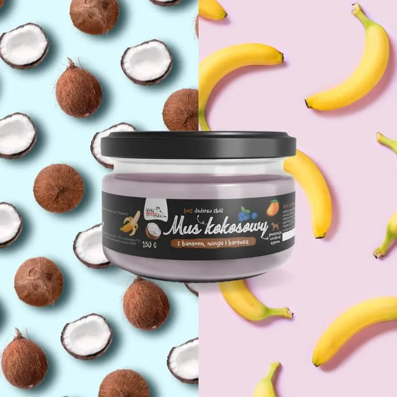 MOUSSE DE NOIX DE COCO AVEC BANANE, MANGUE ET MYRTILLE - IDÉAL TAPIS DE LÉCHAGE
