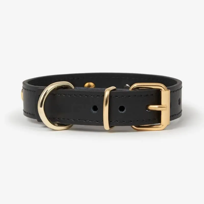 COLLIER EN CUIR POUR CHIEN - NOIR "NARA" AVEC CLOUS DORÉS COEUR