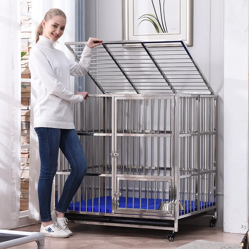 Cage pour Chien Inox Pliable à Roulettes et Bac Amovible