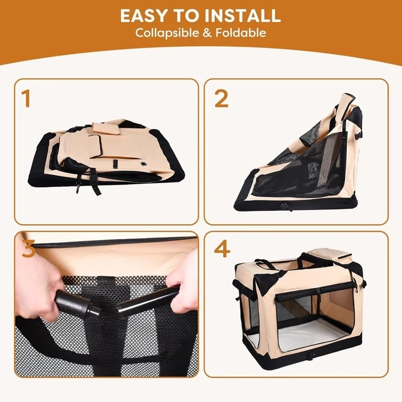 Cage pour Chien de Transport Souple 3 Portes Beige