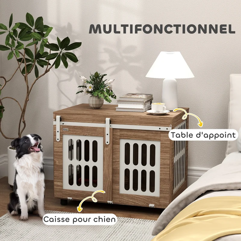 Meuble Cage Chien PawHut Porte Coulissante Aspect Bois