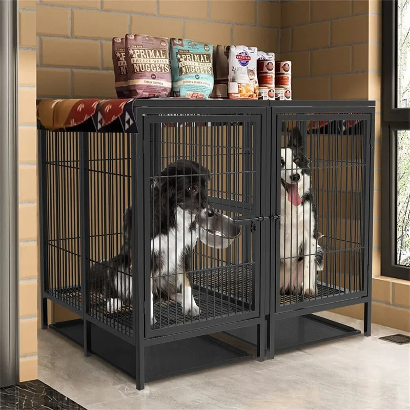 Cage Chien Métal Renforcée 2 Compartiments Double Porte Noire