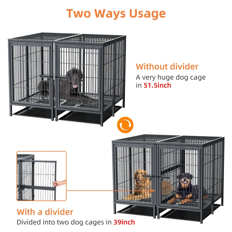 Cage Chien Métal Renforcée 2 Compartiments Double Porte Noire