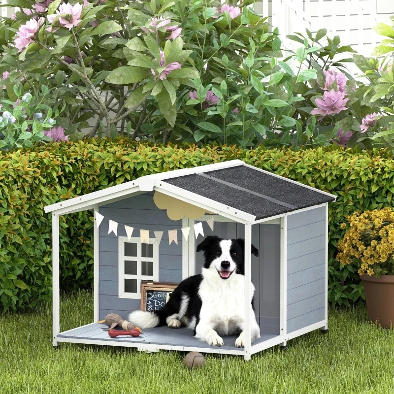 Niche Chien Bois Surélevée avec Terrasse Couverte 103x107 cm
