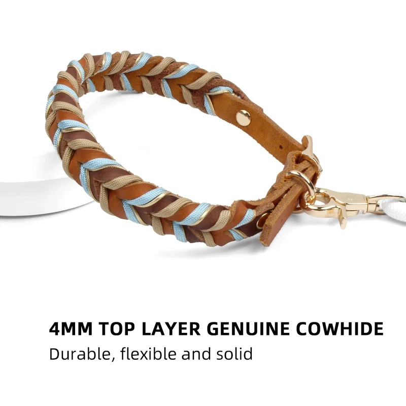 Collier Cuir Véritable Tressé Bleu Ciel Chien Moyen Grand