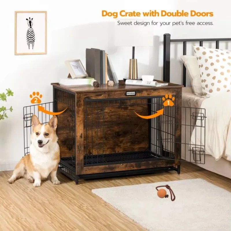 Cage pour Chien Meuble Bois Double Porte Métal