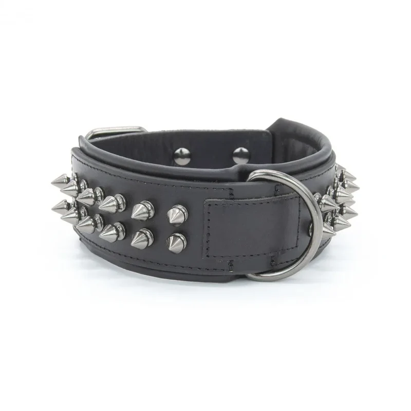 Collier Cuir Véritable Clouté Pointes Anti-Morsure Gros Chien