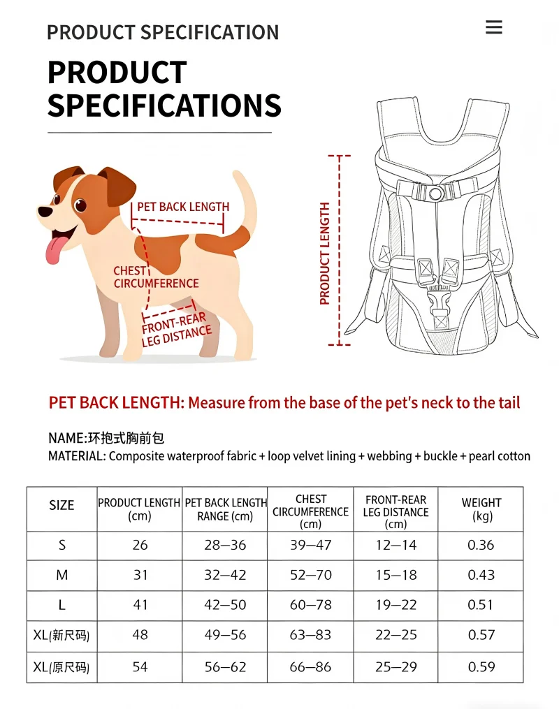 Sac à Dos de Transport Ventral Chien Étanche 4 Tailles