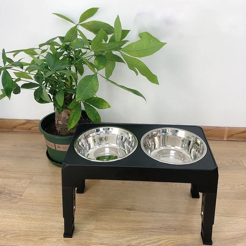 Gamelle Surélevée Chien Réglable Double Inox Support Noir