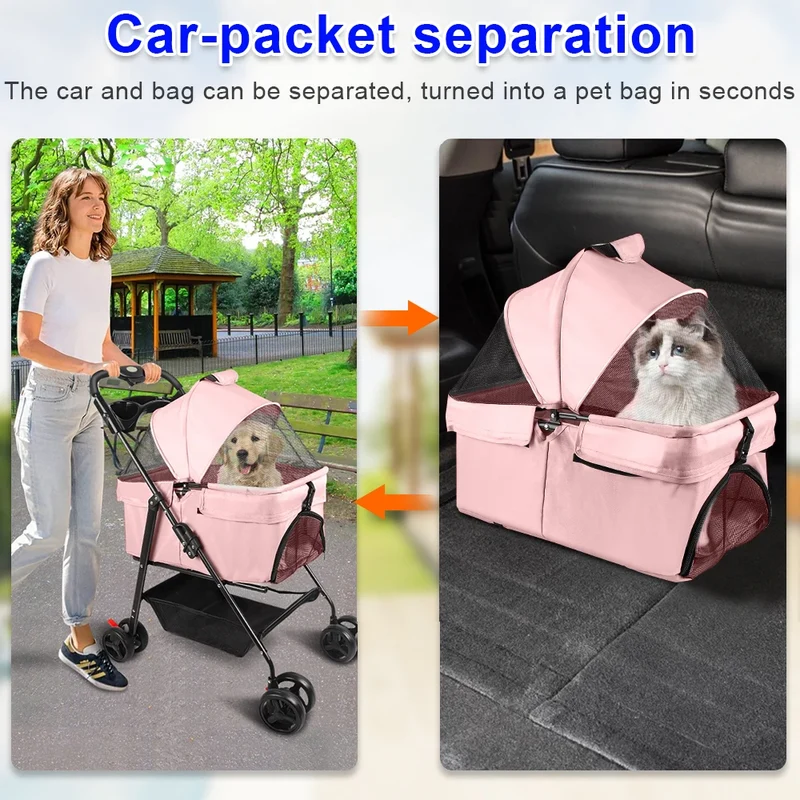 Poussette Pliable Chien 600D Oxford Roues à Frein