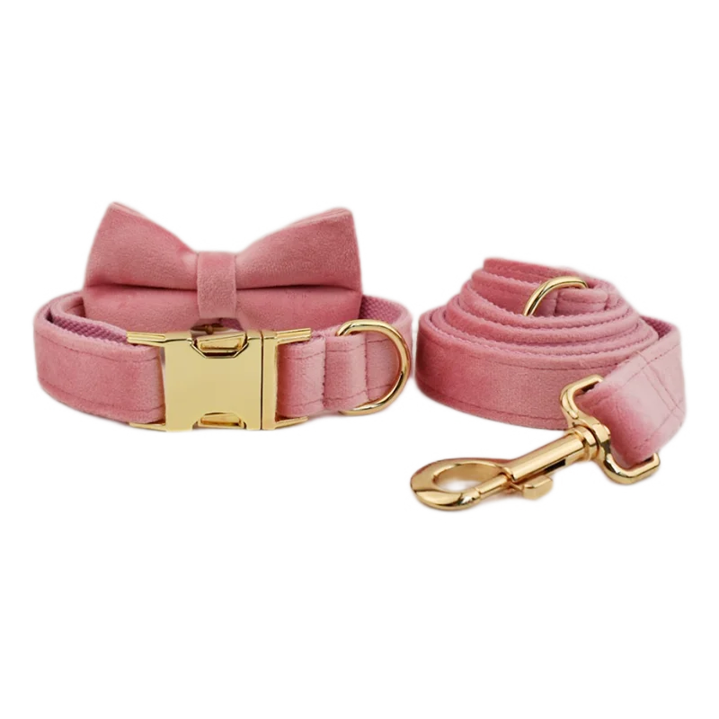 Collier et Laisse Velours Rose Harnais Assorti Chien