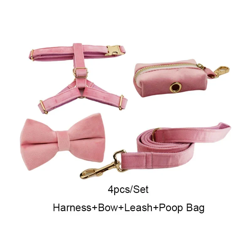 Collier et Laisse Velours Rose Harnais Assorti Chien
