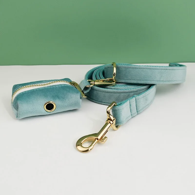 Collier et Laisse Velours Vert Plaque Gravée Chien