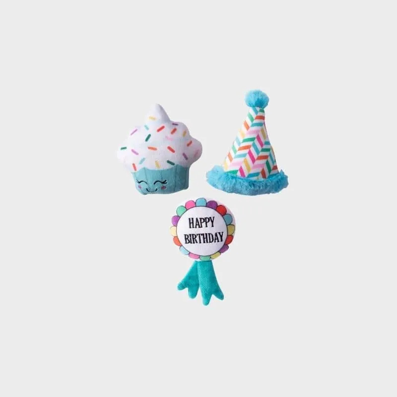 TRIO DE PELUCHES ANNIVERSAIRE POUR CHIEN - CUPCAKE, CHAPEAU ET COCARDE 🎂