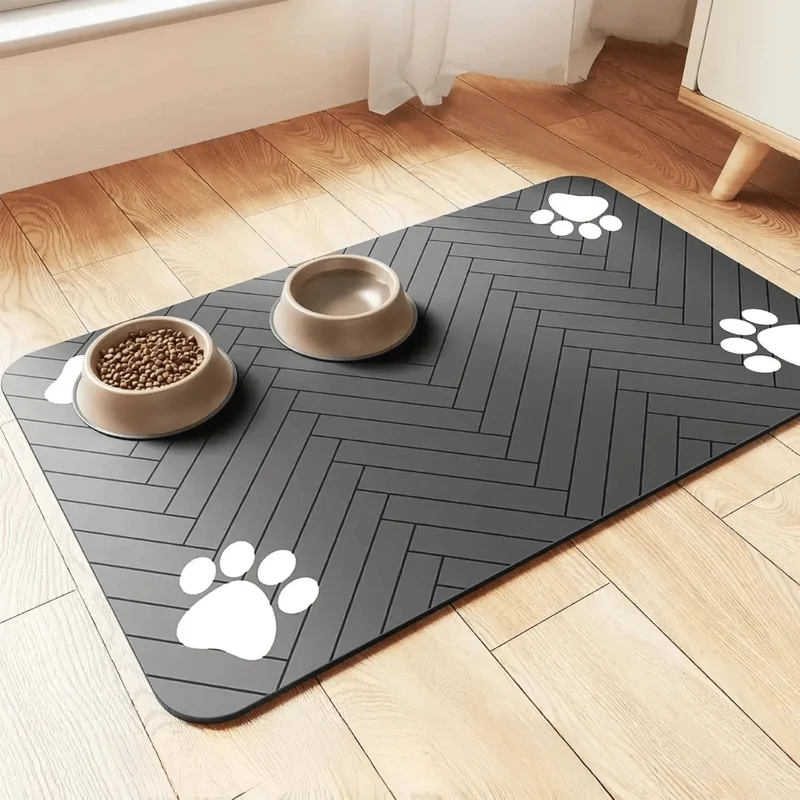 Tapis Absorbant Gamelle Chien Antidérapant Noir Gris