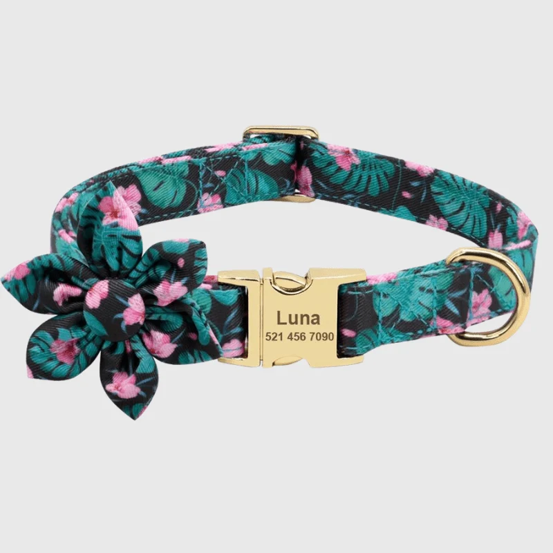 Collier Personnalisé Fleur Gravure Nom Chien
