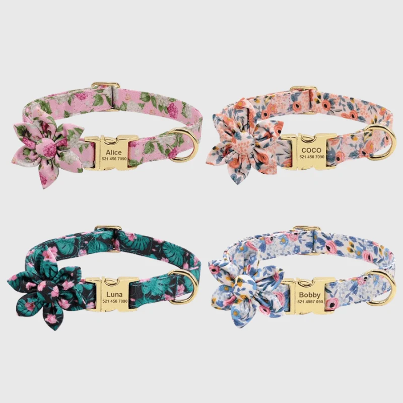 Collier Personnalisé Fleur Gravure Nom Chien