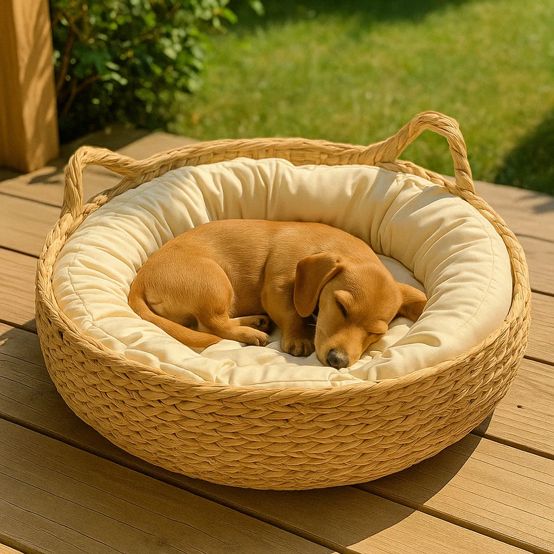 Panier Osier Tressé Chien Coussin Beige