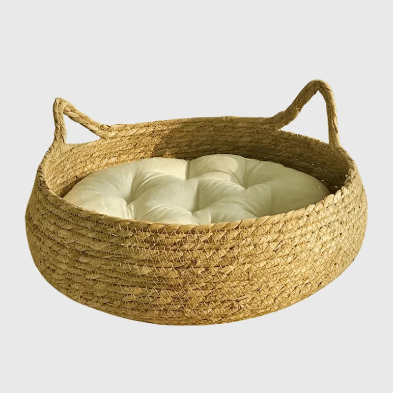 Panier Osier Tressé Chien Coussin Beige