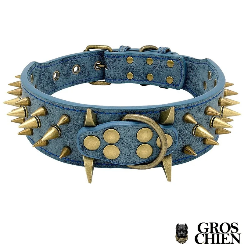 COLLIER EN CUIR BLEU CLOUTÉ OR "BLUE DREAM"