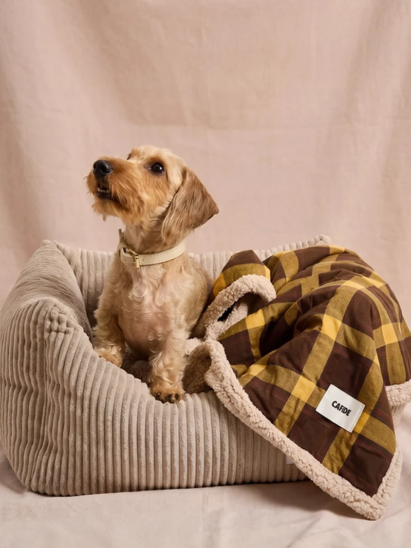Plaid pour chien - Tartan moutarde et sherpa - Cafide