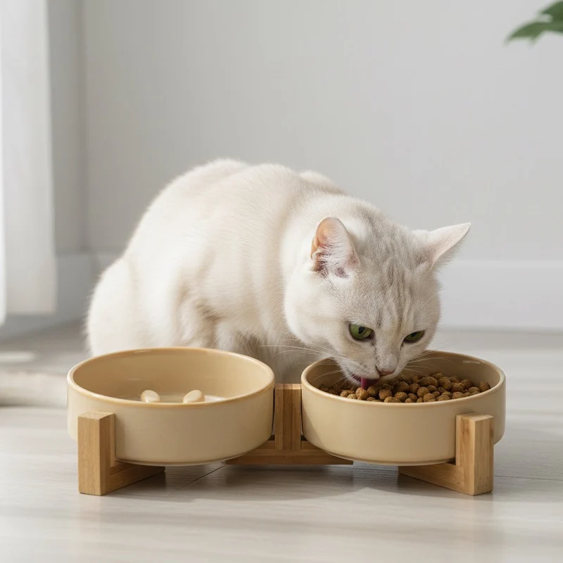 Gamelle anti glouton chat céramique avec support - PawBowl