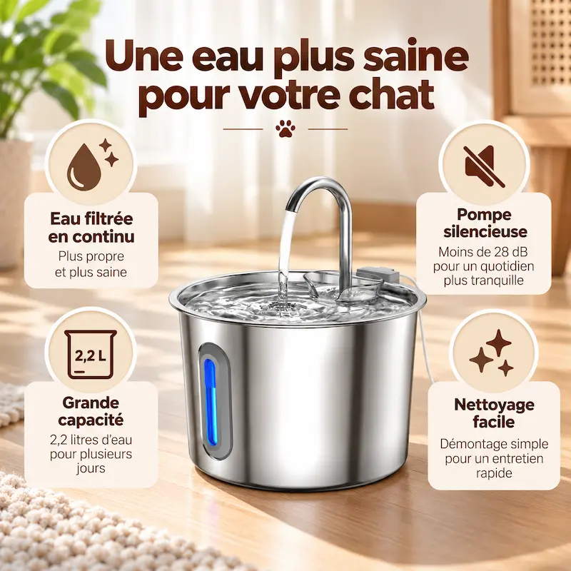 Fontaine chat inox pompe améliorée - Ultra silencieuse | Naya