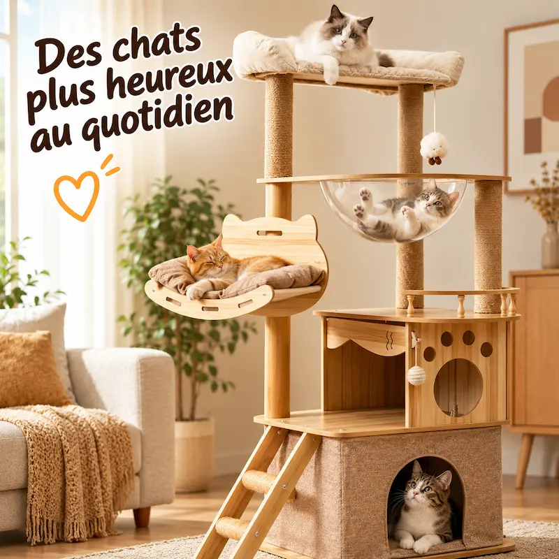 Arbre à chat 150 cm - Design bois multifonction | Nooka