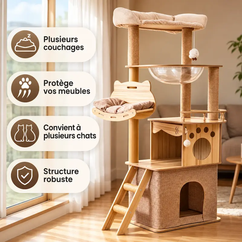 Arbre à chat 150 cm - Design bois multifonction | Nooka
