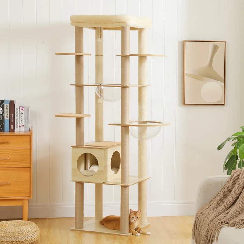 Arbre à chat bois XXL design scandinave avec bulles transparentes – Royaume Félin