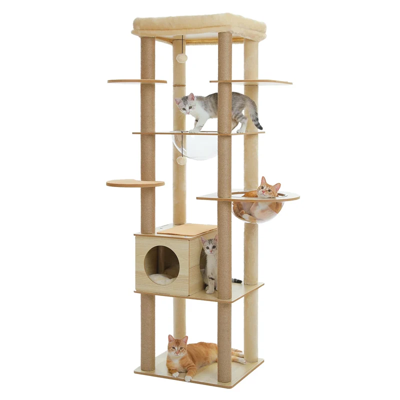 Arbre à chat bois XXL design scandinave avec bulles transparentes – Royaume Félin