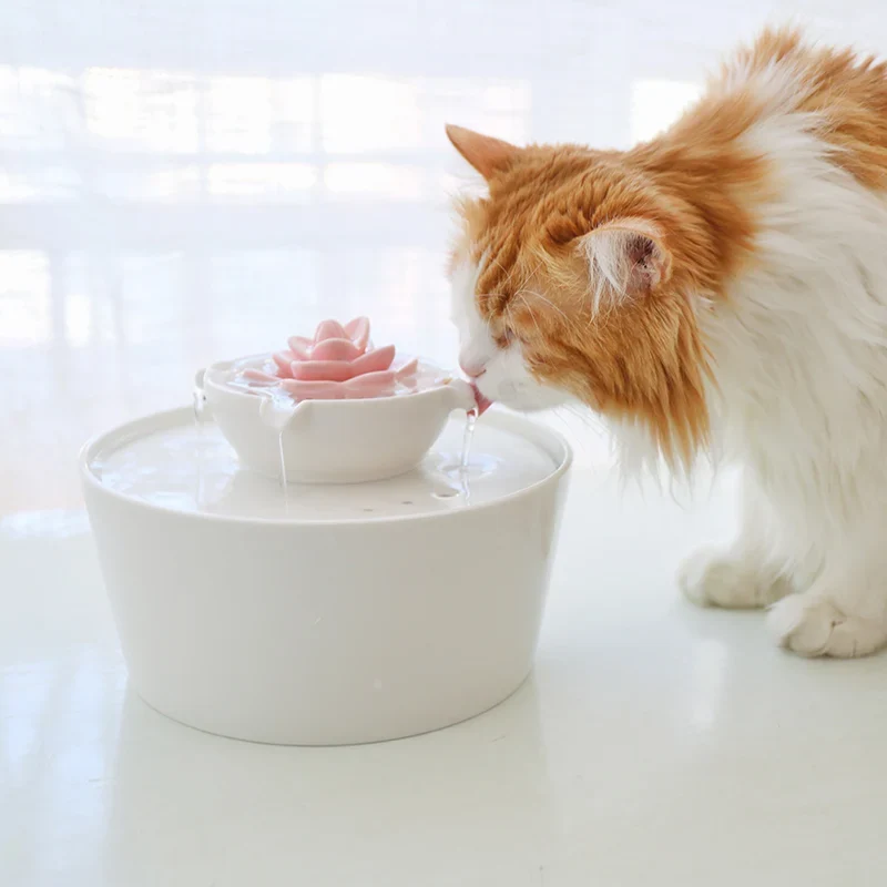FONTAINE CERAMIQUE CHAT DESIGN FLEUR LOTUS