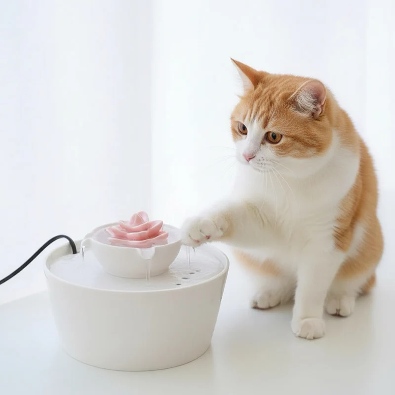 FONTAINE CERAMIQUE CHAT DESIGN FLEUR LOTUS