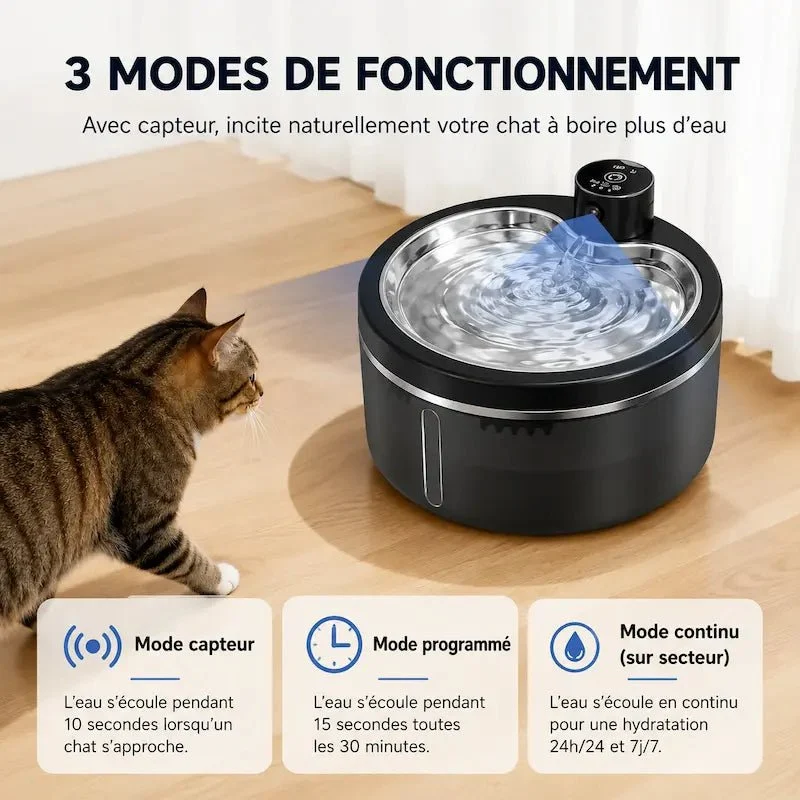 Fontaine à eau chat inox 3L - Silencieuse | AquaMia
