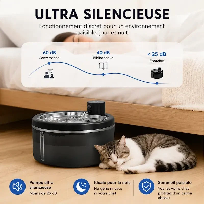 Fontaine à eau chat inox 3L - Silencieuse | AquaMia