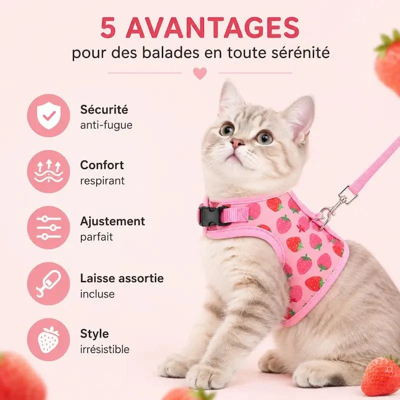 Harnais chat rose - Sécurité anti-fugue | PinkPaws