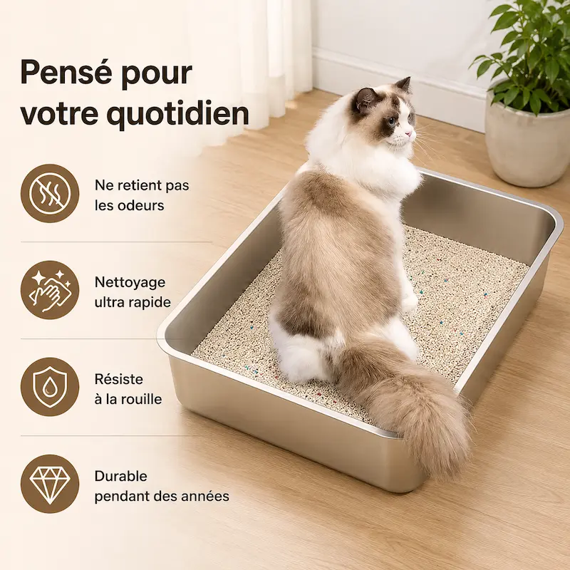Bac à litière rectangle en inox - Anti-odeurs | Inoxicat