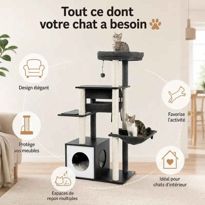 Arbre à chat moderne en bois multi-niveaux – Confort & escalade | CatHaven