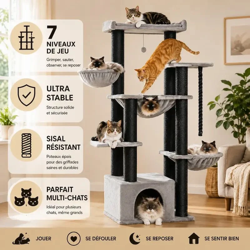Arbre à chat multi plateforme - 7 niveaux robustes | CatTower+