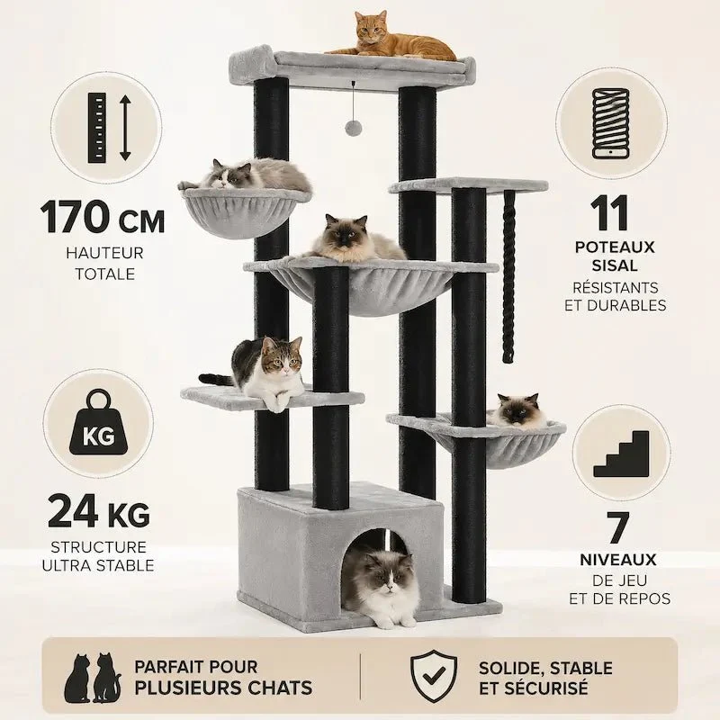 Arbre à chat multi plateforme - 7 niveaux robustes | CatTower+