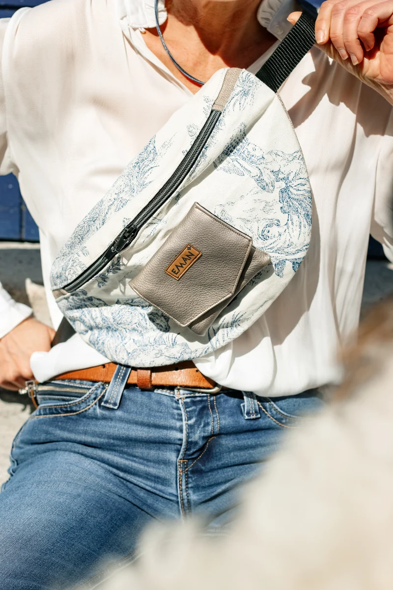 Ensemble Banane Toile de Jouy - pochette friandise chien Sable d'or