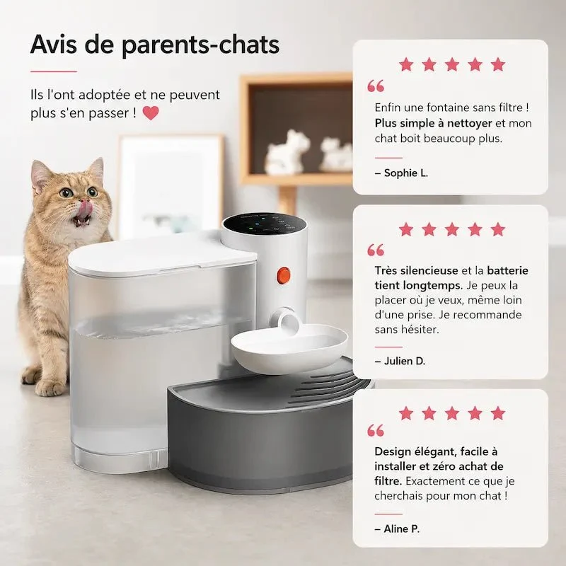 Fontaine à eau chat sans filtre - 3L & autonomie sans recharge | HydriCat