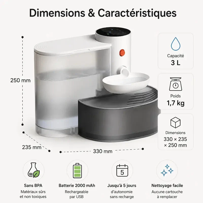 Fontaine à eau chat sans filtre - 3L & autonomie sans recharge | HydriCat