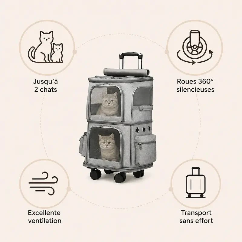 Sac de transport à roulettes pour 2 chats - Zéro effort | DuoRoll