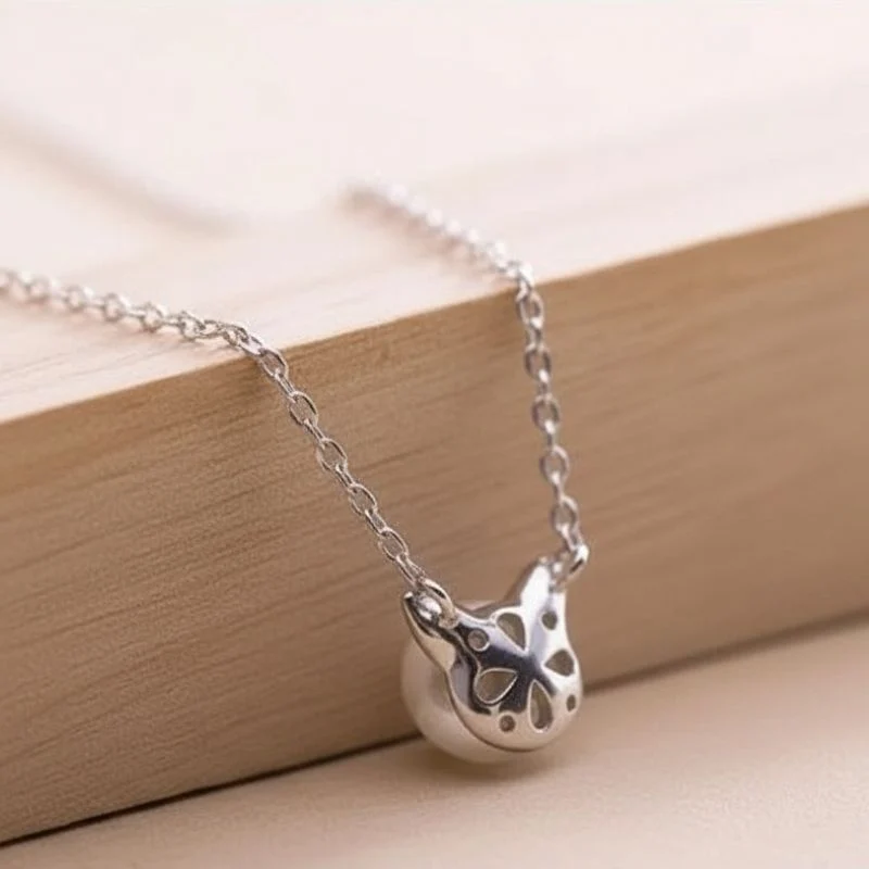Collier pendentif chat avec perle argent - CatPearl