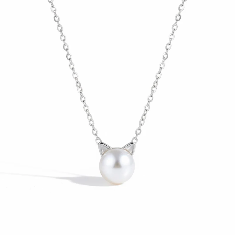 Collier pendentif chat avec perle argent - CatPearl