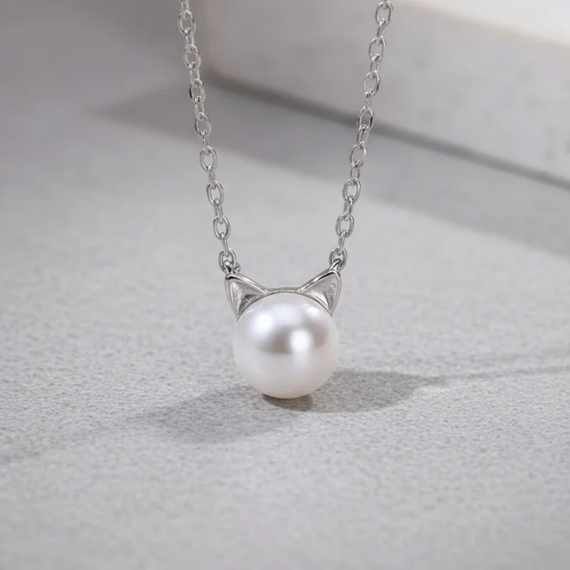 Collier pendentif chat avec perle argent - CatPearl